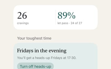 Cravings over the last 30 days: 26, with 89 % let pass, and the toughest time, Fridays in the evening, with an offer of a gentle nudge.
