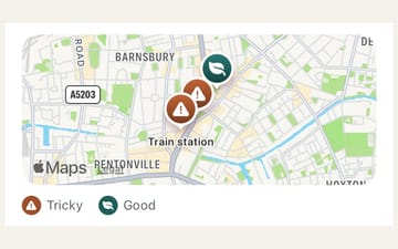 A map of your places, marked tricky or good.