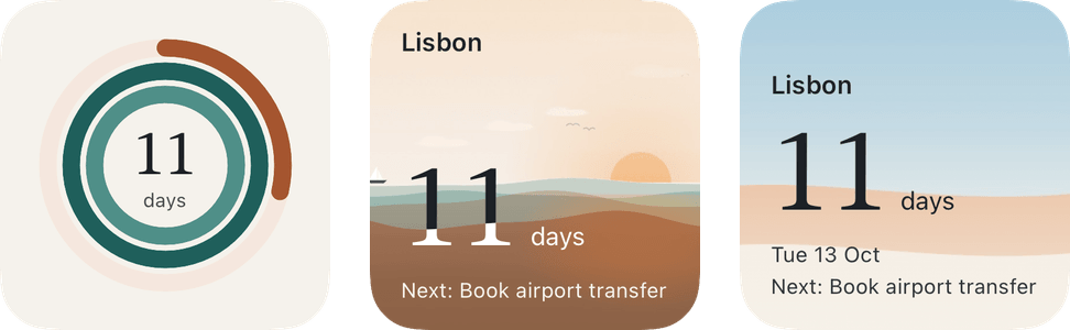 Three small widgets for a Lisbon countdown, 11 days: as circles, as a rising tide and as a big number over a photo.