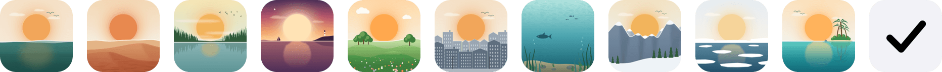 The app icon for each theme: Still Water, Dunes, Pine, Coast, Meadow, Urban, Underwater, Mountains, Arctic, Island and Minimal.